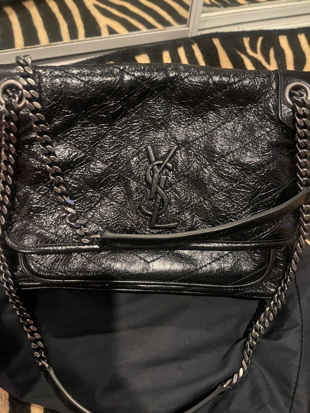 Saint Laurent Black Crinkled Leather Shoulder Bag with Chain Strap